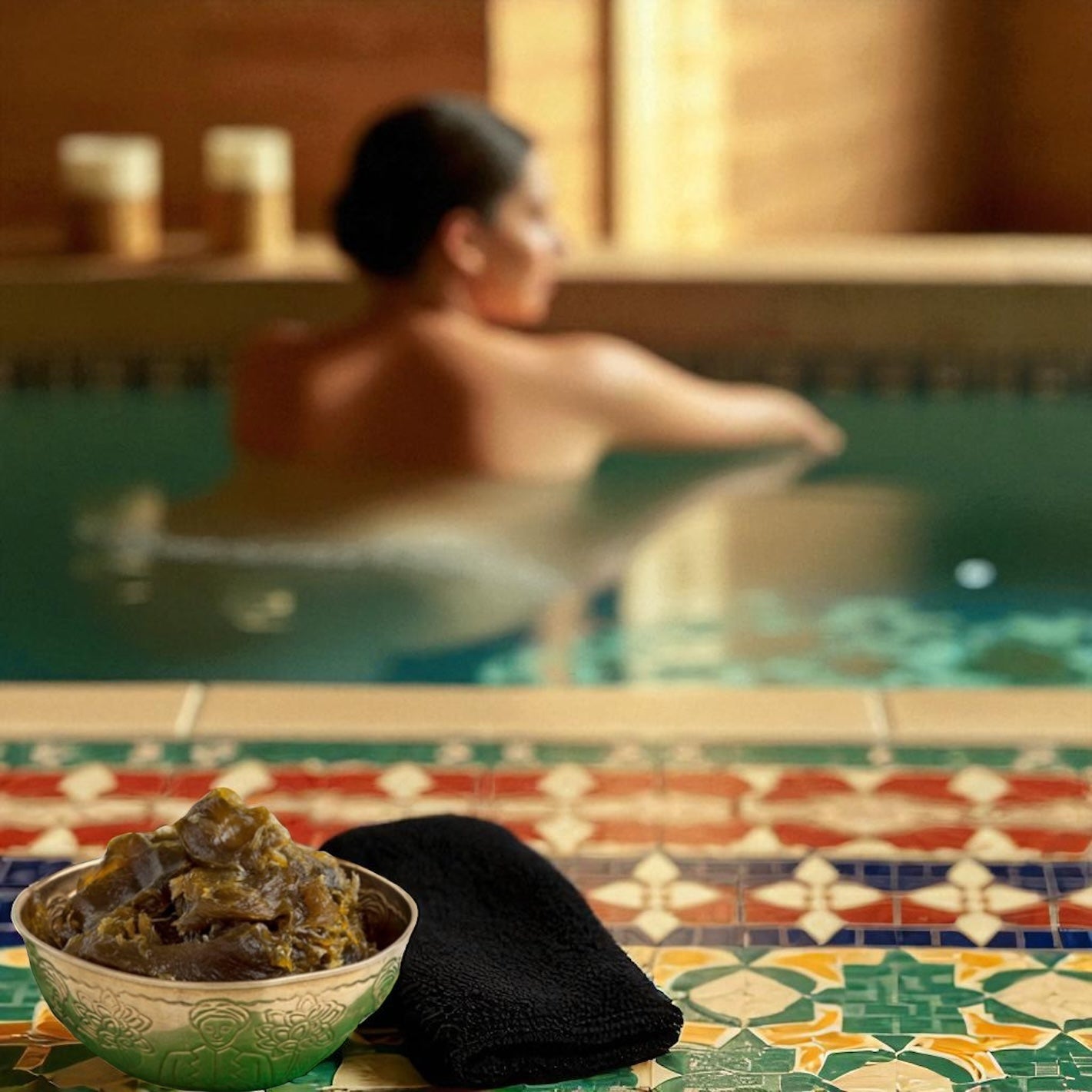 Traditioneel Marokkaans Verzorgingspakket – Zwarte Zeep + Scrubhandschoen