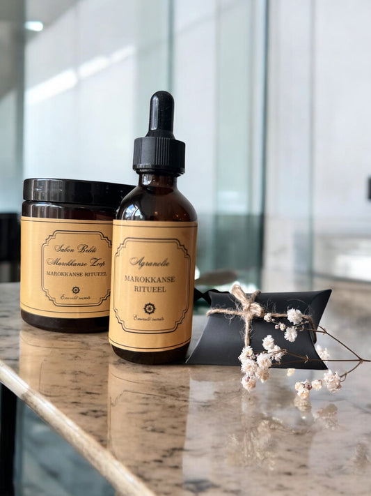 Luxe Marokkaanse Hammam Set – Zwarte Zeep + Scrubhandschoen + Arganolie
