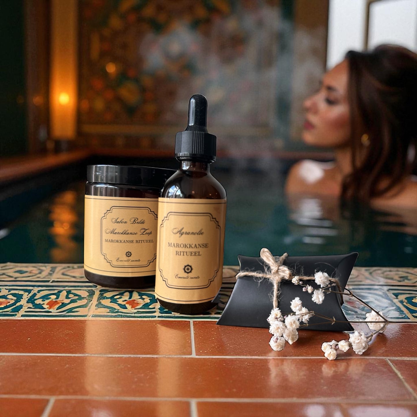 Luxe Marokkaanse Hammam Set – Zwarte Zeep + Scrubhandschoen + Arganolie